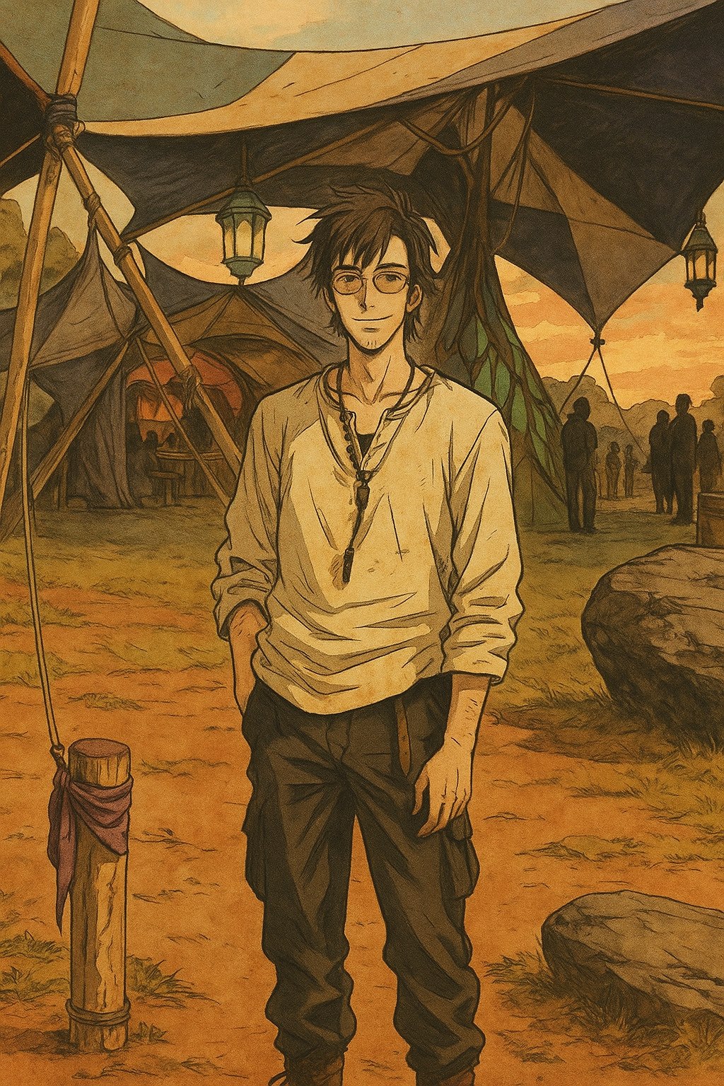 Retrato ilustrado masculino em acampamento com acabamento vintage