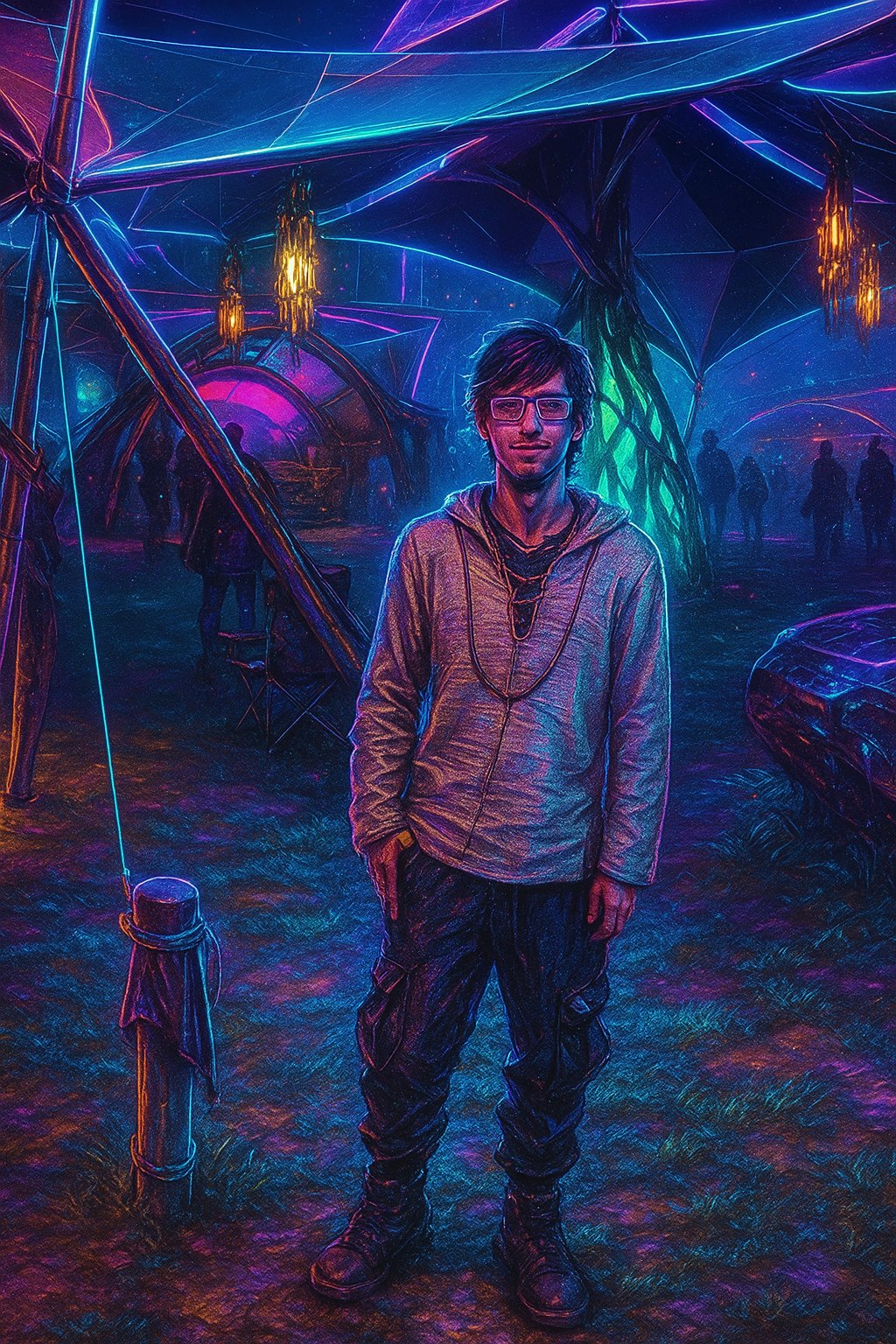 Retrato masculino em ambiente futurista com iluminação neon azul e magenta