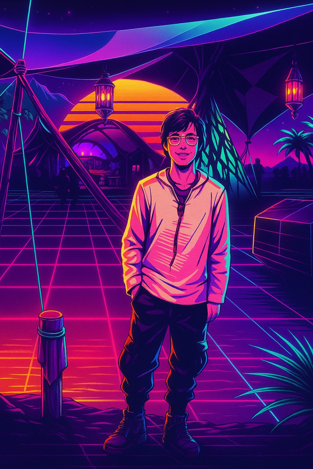 Retrato masculino em cenário synthwave com pôr do sol e grades neon