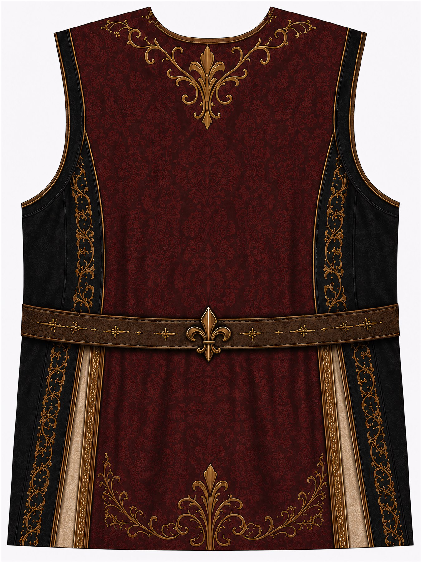 Conceito traseiro de traje vermelho e preto com ornamentos dourados