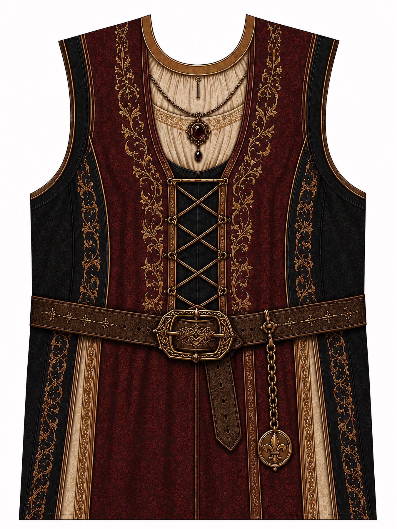 Conceito frontal de traje vermelho e preto com ornamentos dourados
